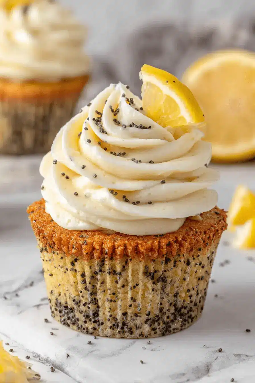 Amazing Lemon Poppy Seed Cupcakes Recipe 2 Close-up of a single, perfectly frosted lemon poppy seed cupcake garnished with a fresh lemon slice on a marble surface.