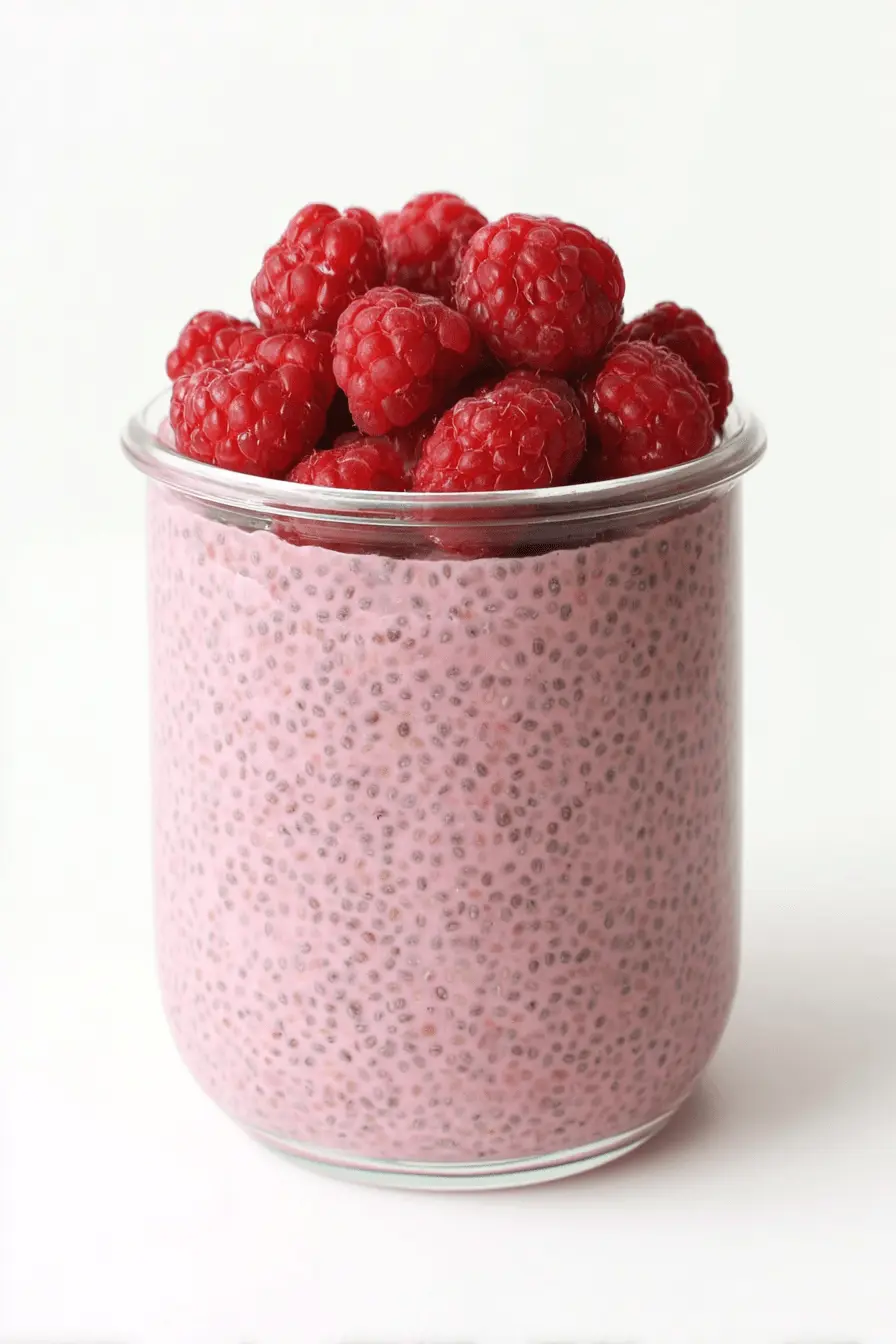 The Ultimate Vegan Raspberry Chia Pudding for Easy Mornings 2 Clear glass jar filled with pink Vegan Raspberry Chia Pudding and topped with fresh red raspberries.
