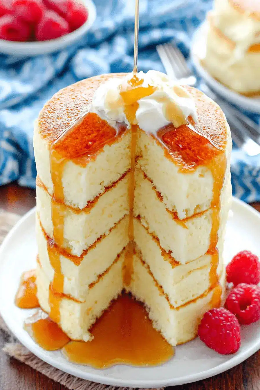 Easy Fluffy Japanese Soufflé Pancakes 2 Towering stack of four fluffy japanese souffle pancakes drizzled generously with golden syrup and garnished with fresh raspberries.