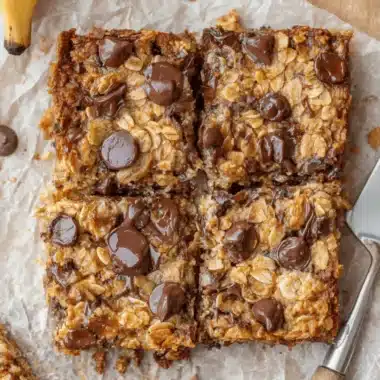 Amazing Easy Banana Oatmeal Bars 4 Close-up overhead shot of homemade chocolate chip banana oatmeal bars on crumpled parchment paper.