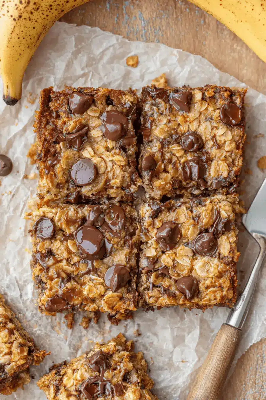 Amazing Easy Banana Oatmeal Bars 2 Close-up overhead shot of homemade chocolate chip banana oatmeal bars on crumpled parchment paper.