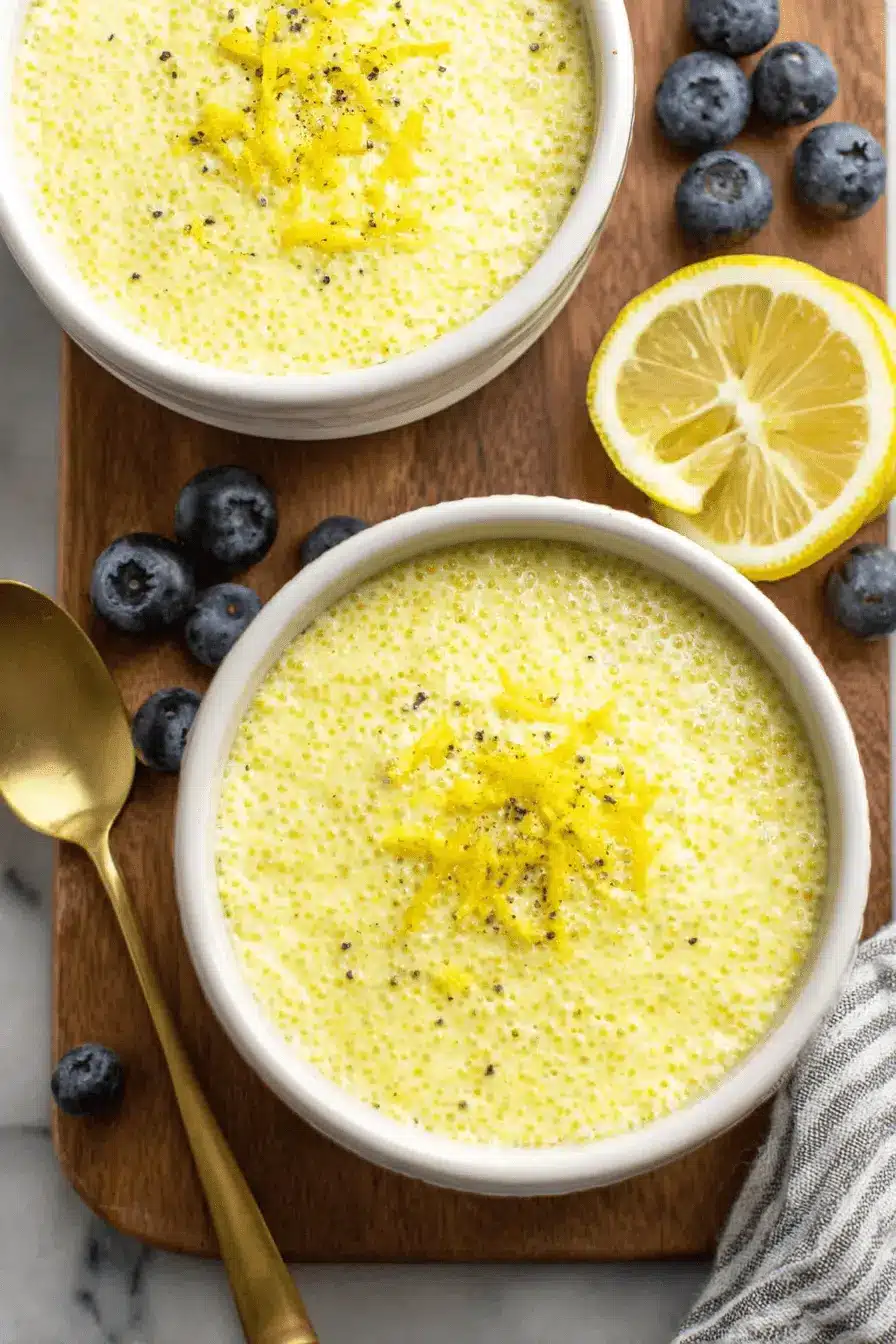 Vibrant Lemon Chia Seed Pudding: Quick & Easy Recipe 2 Two servings of creamy lemon chia seed pudding garnished with zest and fresh blueberries on a rustic wooden cutting board.