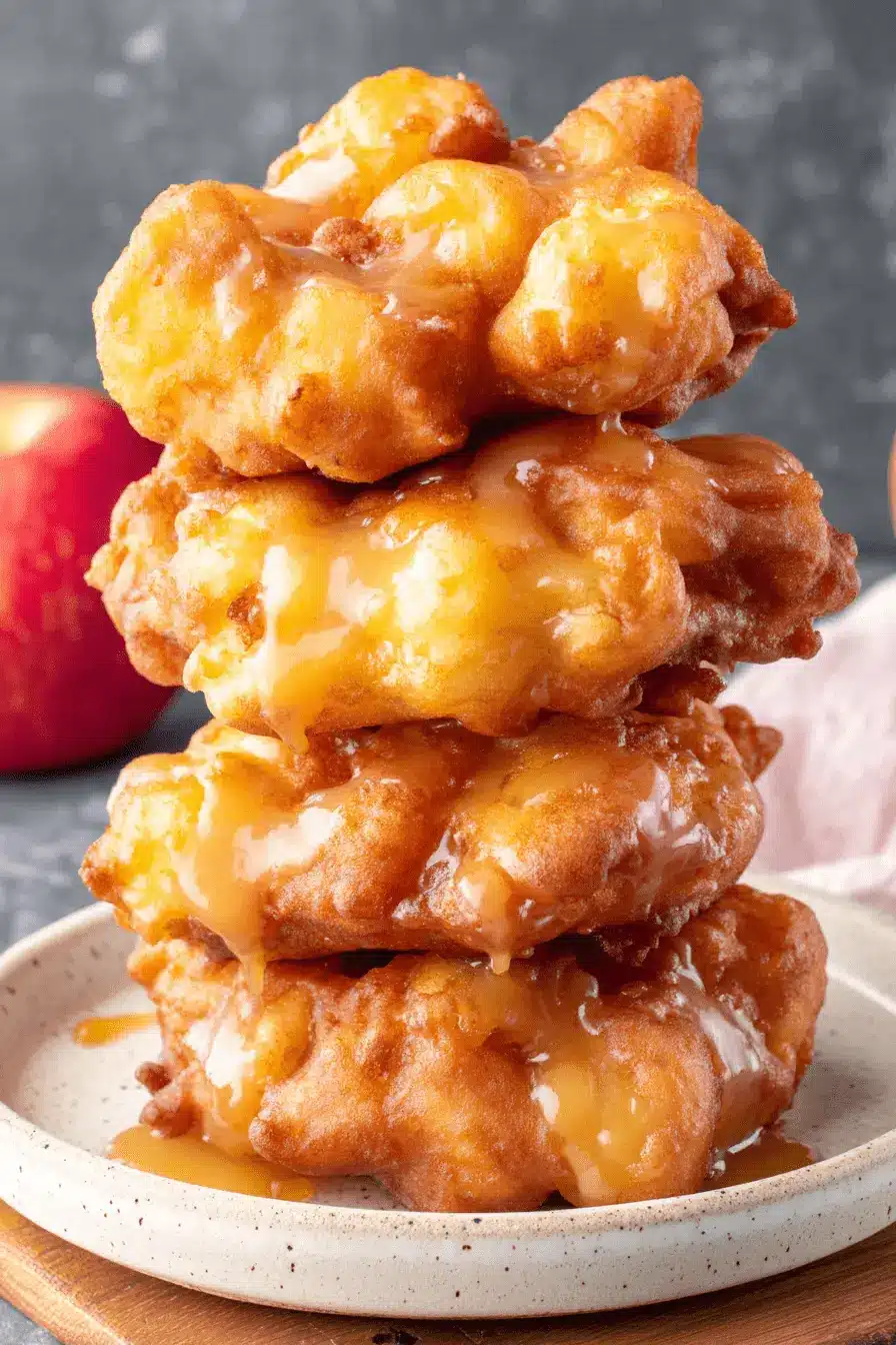 Amazing Baked Apple Fritter Bites Recipe 2 Stack of four golden-brown Apple Fritter Bites generously drizzled with thick, glossy caramel sauce.