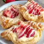 The Ultimate Strawberry Danish Recipe 9 Three flaky, cream cheese-filled strawberry danish pastries topped with fresh slices and icing on a light blue plate.
