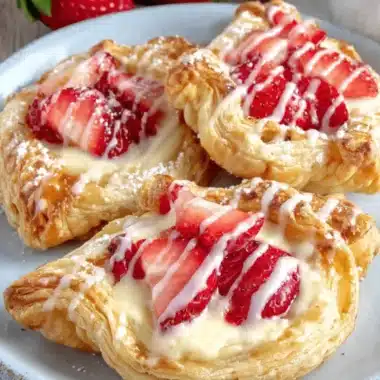 The Ultimate Strawberry Danish Recipe 3 Three flaky, cream cheese-filled strawberry danish pastries topped with fresh slices and icing on a light blue plate.