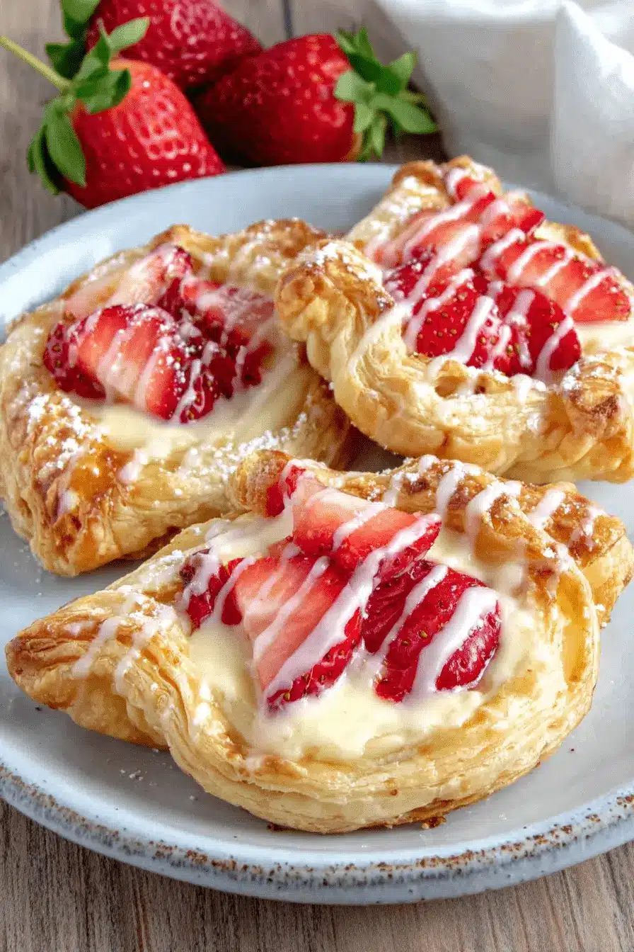 The Ultimate Strawberry Danish Recipe 2 Three flaky, cream cheese-filled strawberry danish pastries topped with fresh slices and icing on a light blue plate.
