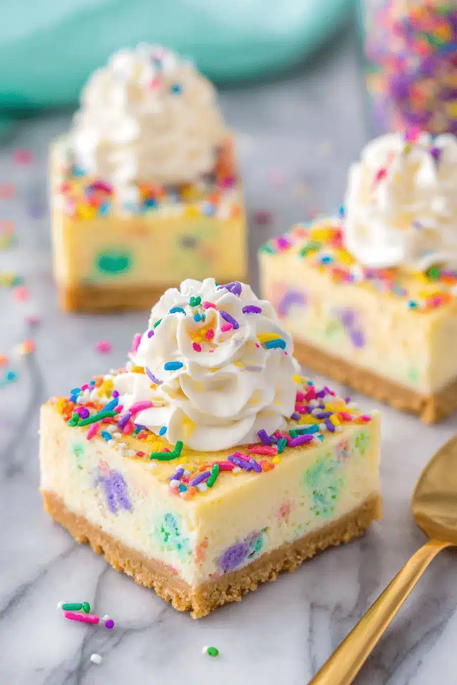 Ultimate Funfetti Cheesecake Bars: Easy Recipe 2 Three colorful Funfetti Cheesecake Bars, topped with whipped cream and sprinkles, presented on a white marble backdrop.
