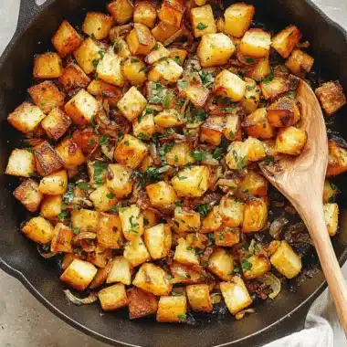 Wonderful Breakfast Potatoes Skillet Recipe 4 Crispy, herb-garnished breakfast potatoes skillet with caramelized onions in a black cast-iron pan.