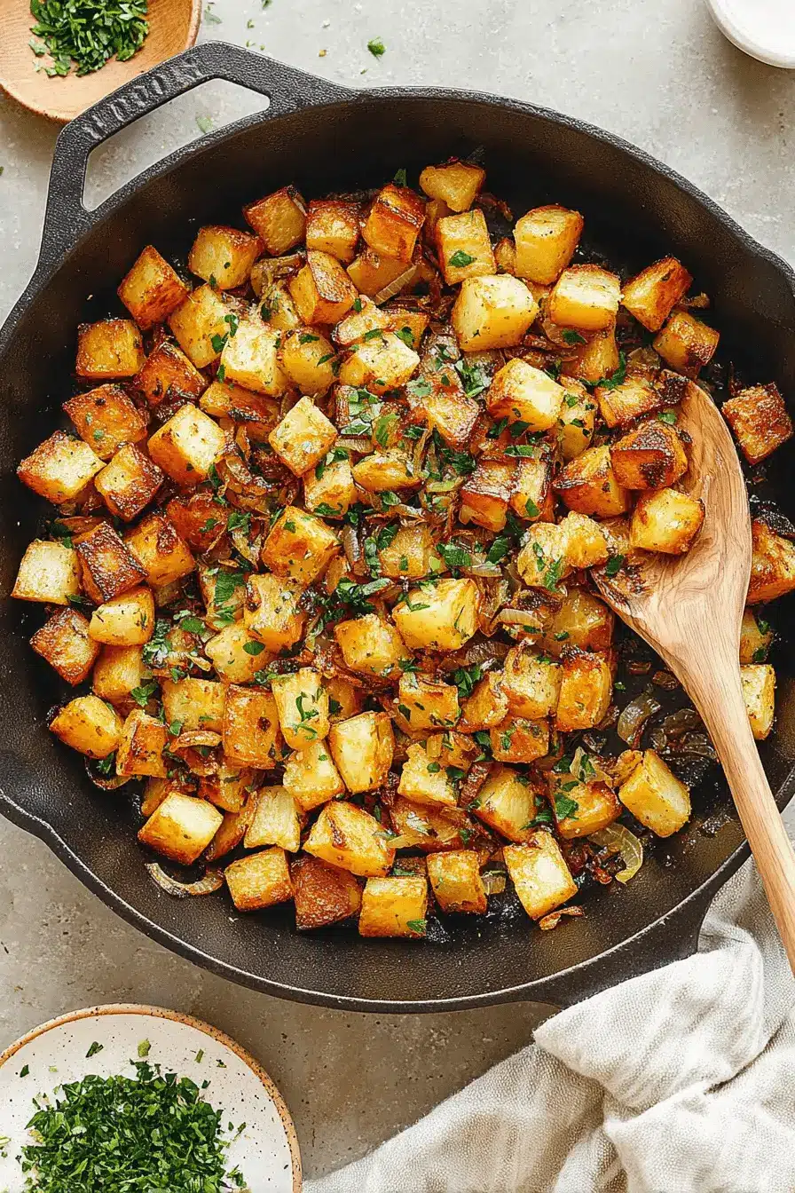 Wonderful Breakfast Potatoes Skillet Recipe 2 Crispy, herb-garnished breakfast potatoes skillet with caramelized onions in a black cast-iron pan.