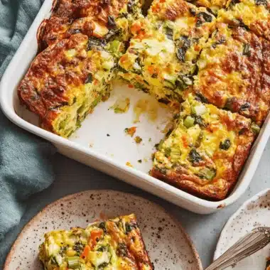 Ultimate Breakfast Casserole with Potatoes 4 Close-up of a slice of savory golden-brown breakfast casserole with potatoes and mixed vegetables, served on a speckled rustic plate.