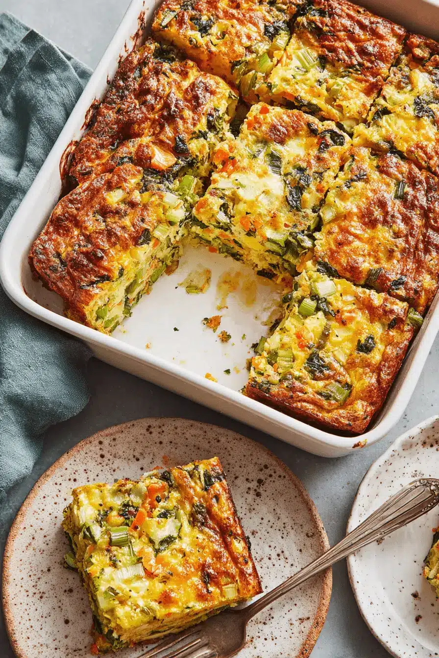 Ultimate Breakfast Casserole with Potatoes 2 Close-up of a slice of savory golden-brown breakfast casserole with potatoes and mixed vegetables, served on a speckled rustic plate.