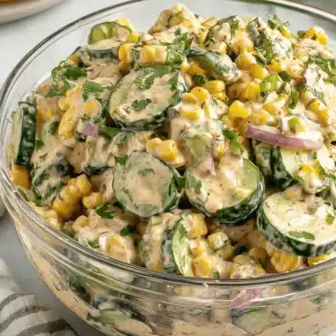 Amazing Street Corn Creamy Cucumber Salad 4 Close-up shot of a clear glass bowl filled with a creamy **Street Corn Creamy Cucumber Salad**, garnished with fresh cilantro and served alongside corn tortillas.