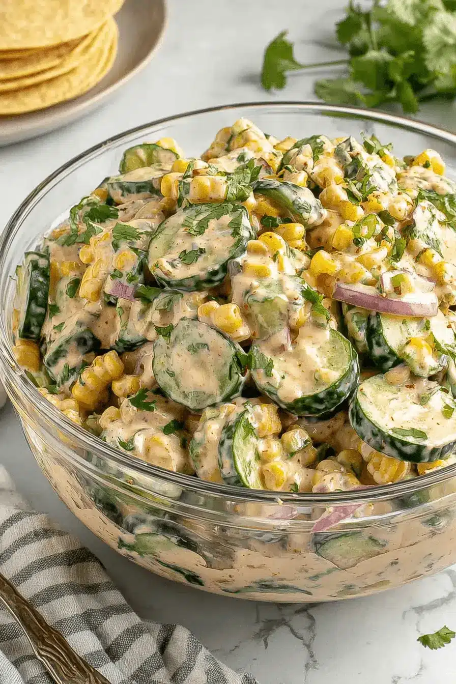 Amazing Street Corn Creamy Cucumber Salad 2 Close-up shot of a clear glass bowl filled with a creamy **Street Corn Creamy Cucumber Salad**, garnished with fresh cilantro and served alongside corn tortillas.