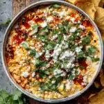 Amazing Mexican Street Corn Dip: Quick & Easy 5 Overhead close-up of creamy mexican street corn dip topped with cotija cheese, chili oil, and fresh cilantro, served with tortilla chips.