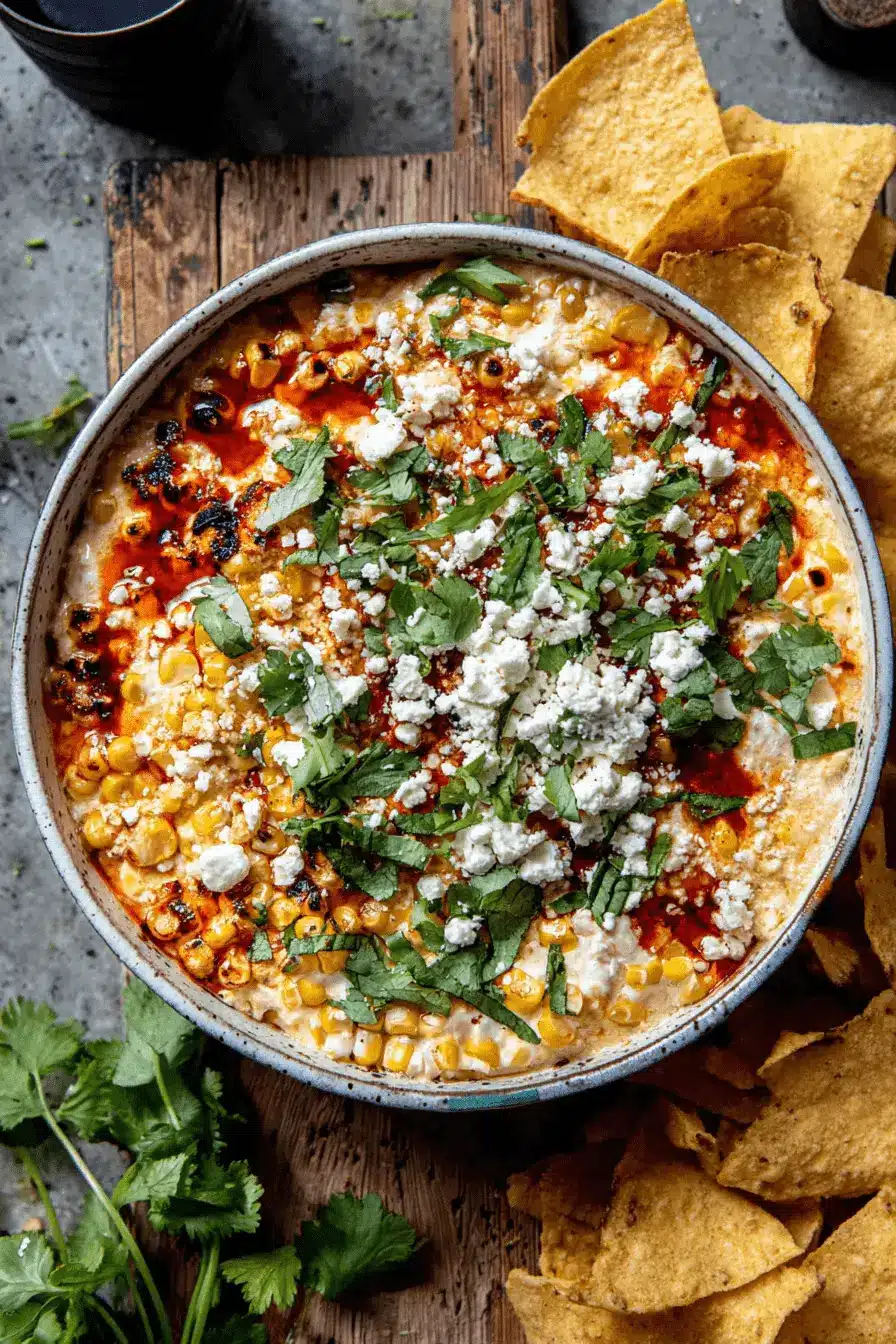 Amazing Mexican Street Corn Dip: Quick & Easy 2 Overhead close-up of creamy mexican street corn dip topped with cotija cheese, chili oil, and fresh cilantro, served with tortilla chips.
