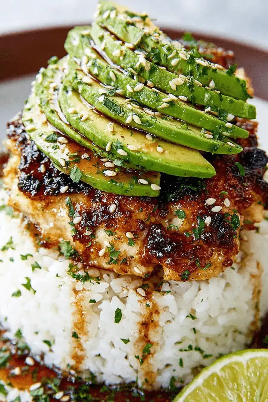 Easy & Vibrant Honey Lime Chicken and Avocado Stack 2 Eye-level view of a delicious honey lime chicken and avocado stack, featuring perfectly fanned avocado slices and a rich glaze.