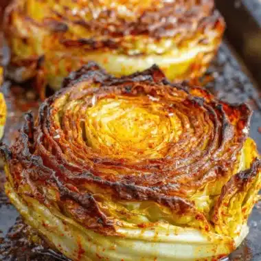 Amazing Roasted Cabbage Steaks: Crispy & Tender 3 Close-up view of caramelized and highly seasoned Roasted Cabbage Steaks on a dark baking sheet.