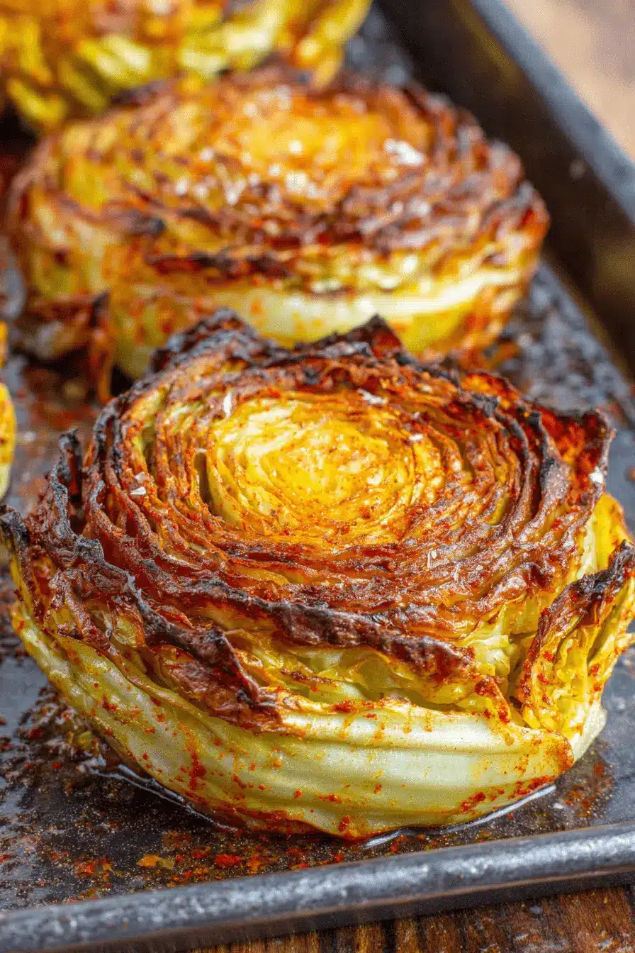 Amazing Roasted Cabbage Steaks: Crispy & Tender 2 Close-up view of caramelized and highly seasoned Roasted Cabbage Steaks on a dark baking sheet.