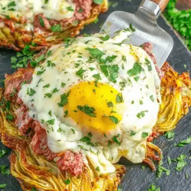 Amazing Cabbage Burger Bake: Quick & Low-Carb 3 Overhead close-up of a serving of Cabbage Burger Bake, featuring roasted cabbage wedges topped with shredded corned beef, melted cheese, and a sunny-side-up egg.