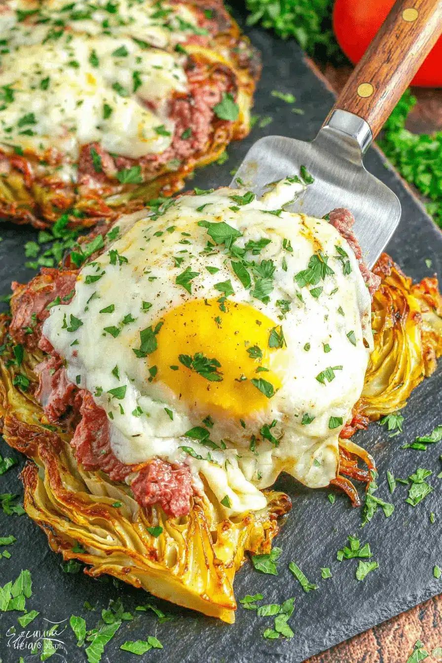 Amazing Cabbage Burger Bake: Quick & Low-Carb 2 Overhead close-up of a serving of Cabbage Burger Bake, featuring roasted cabbage wedges topped with shredded corned beef, melted cheese, and a sunny-side-up egg.