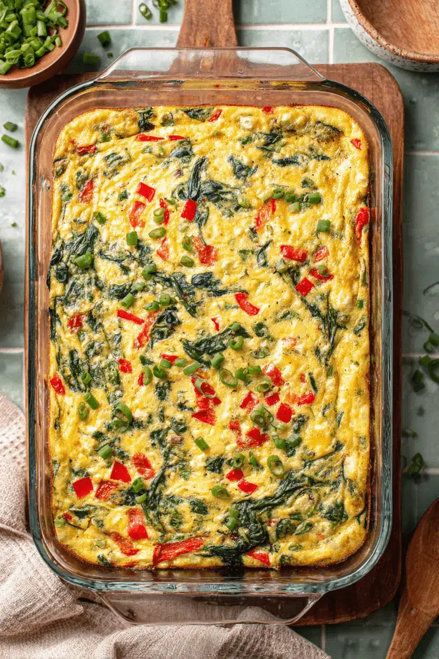 The Ultimate Cottage Cheese and Veggie Bake 2 Top-down view of a freshly baked, rectangular Cottage Cheese and Veggie Bake with spinach and red peppers, garnished with green onions in a glass dish.