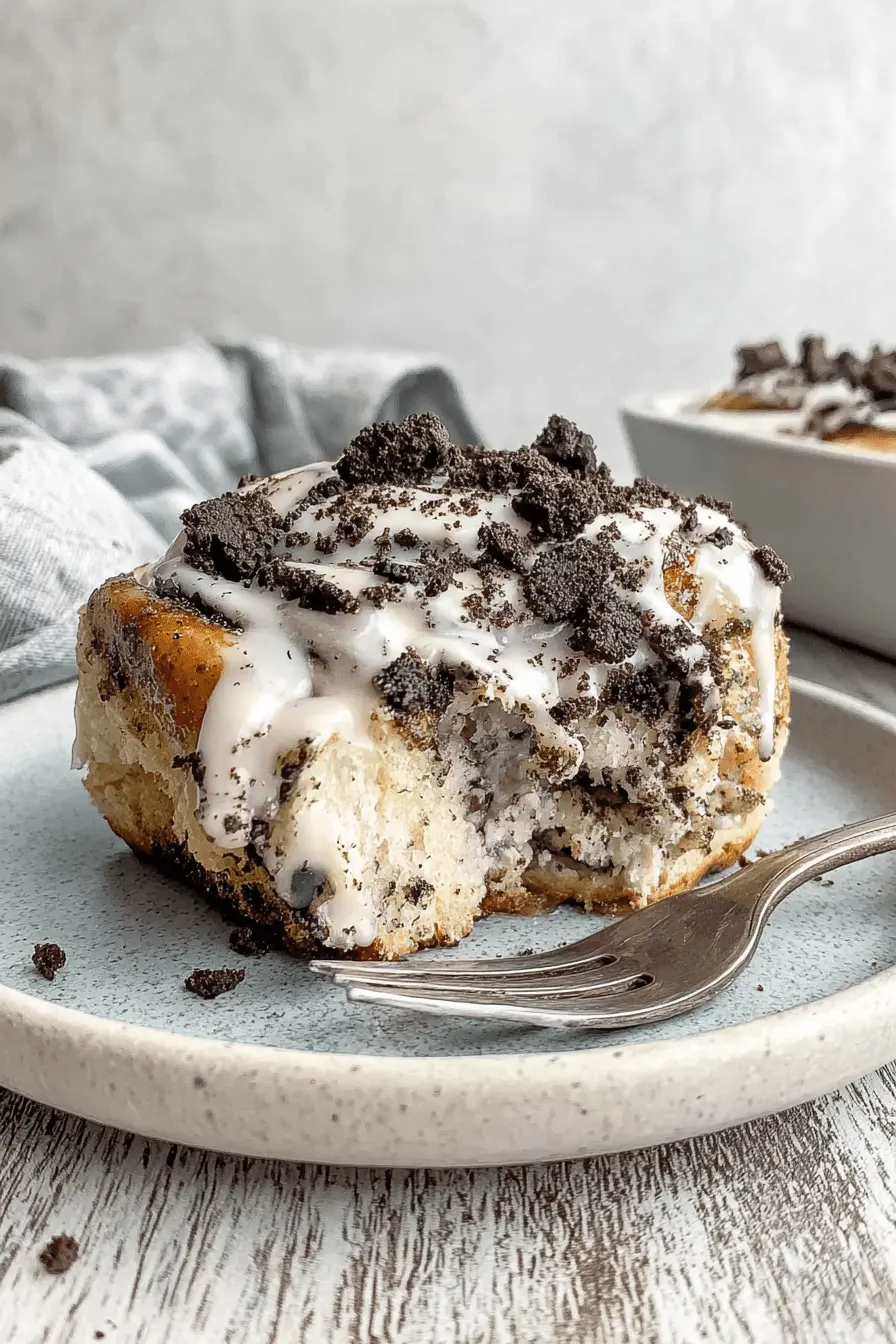Irresistibly Gooey Oreo Cinnamon Rolls 2 Close-up of a partially eaten, glazed Oreo cinnamon roll topped with white icing and dark cookie crumbles on a light blue speckled plate.