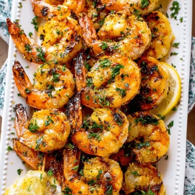 Vibrant Grilled Shrimp Skewers: A Quick Dinner 4 Plump, glistening Grilled Shrimp Skewers garnished with fresh parsley and lemon slices on a white serving platter.