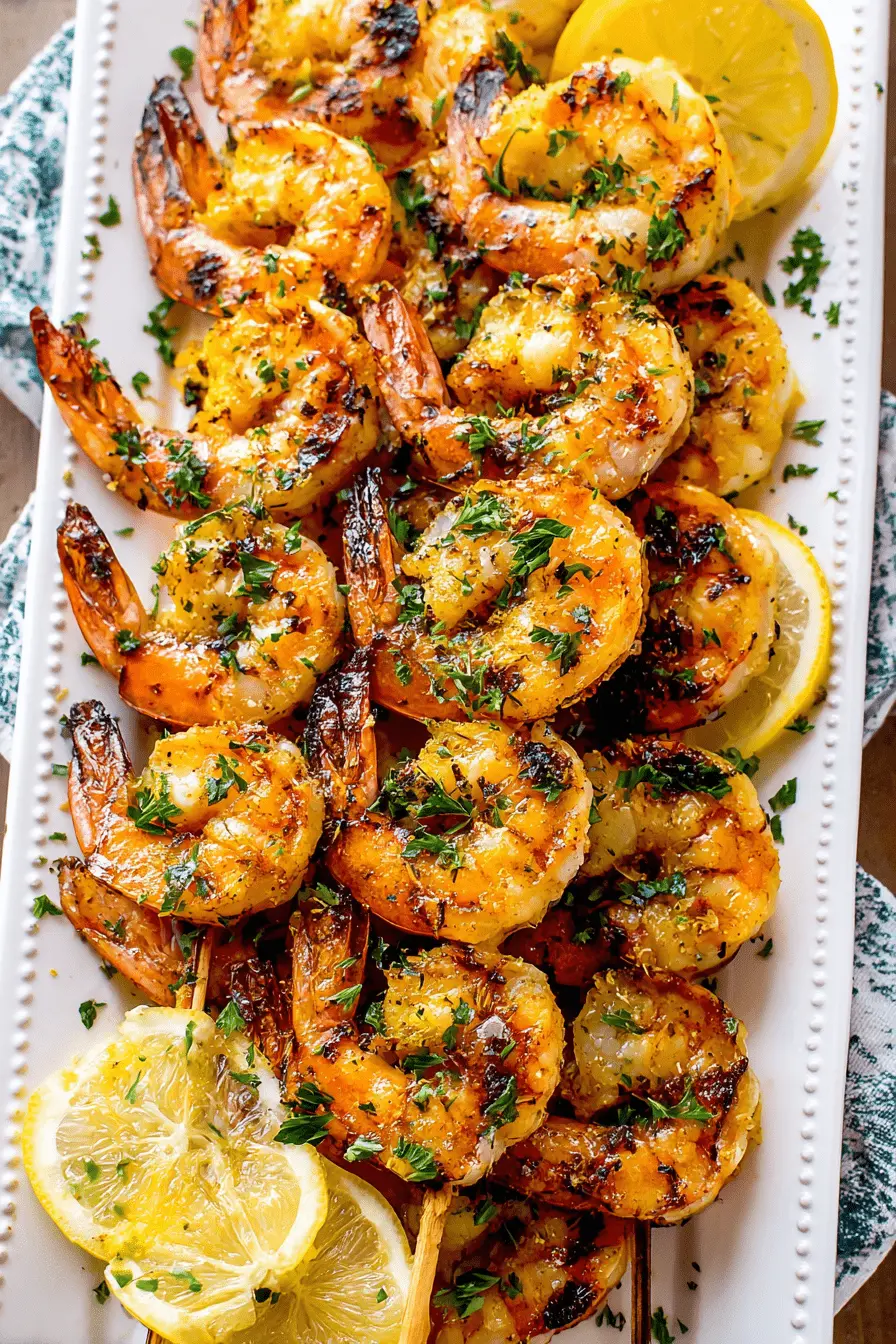 Vibrant Grilled Shrimp Skewers: A Quick Dinner 2 Plump, glistening Grilled Shrimp Skewers garnished with fresh parsley and lemon slices on a white serving platter.