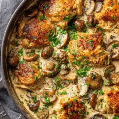 The Ultimate Creamy Chicken Stroganoff 3 Hearty chicken stroganoff dish in a dark pan, garnished with fresh parsley and visible cream sauce.