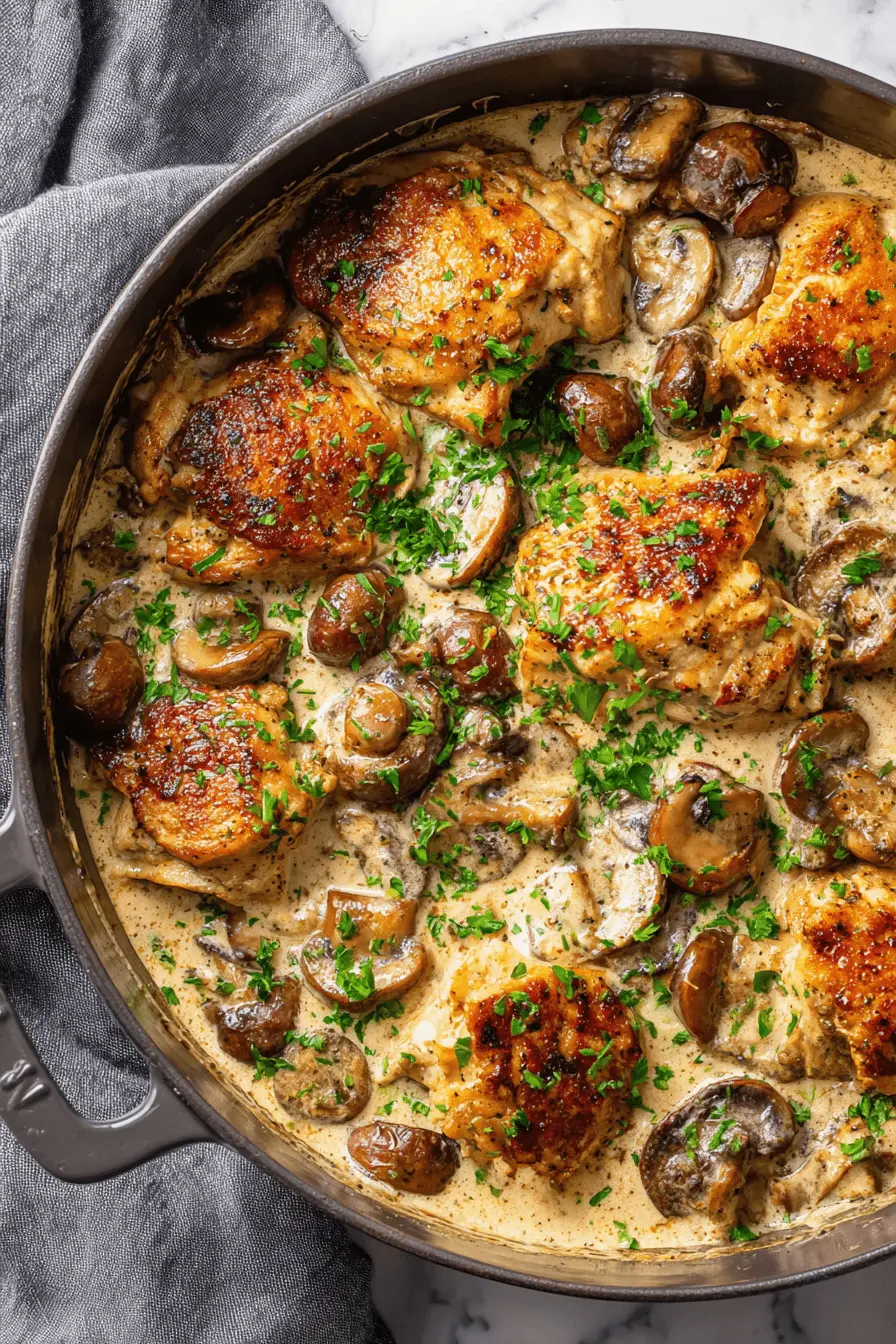 The Ultimate Creamy Chicken Stroganoff 2 Hearty chicken stroganoff dish in a dark pan, garnished with fresh parsley and visible cream sauce.