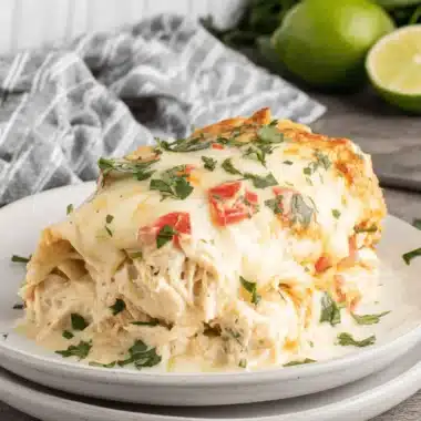 Easy White Queso Chicken Enchiladas Recipe 3 Freshly baked white queso chicken enchiladas serving on a speckled plate, garnished with cilantro and golden melted cheese.