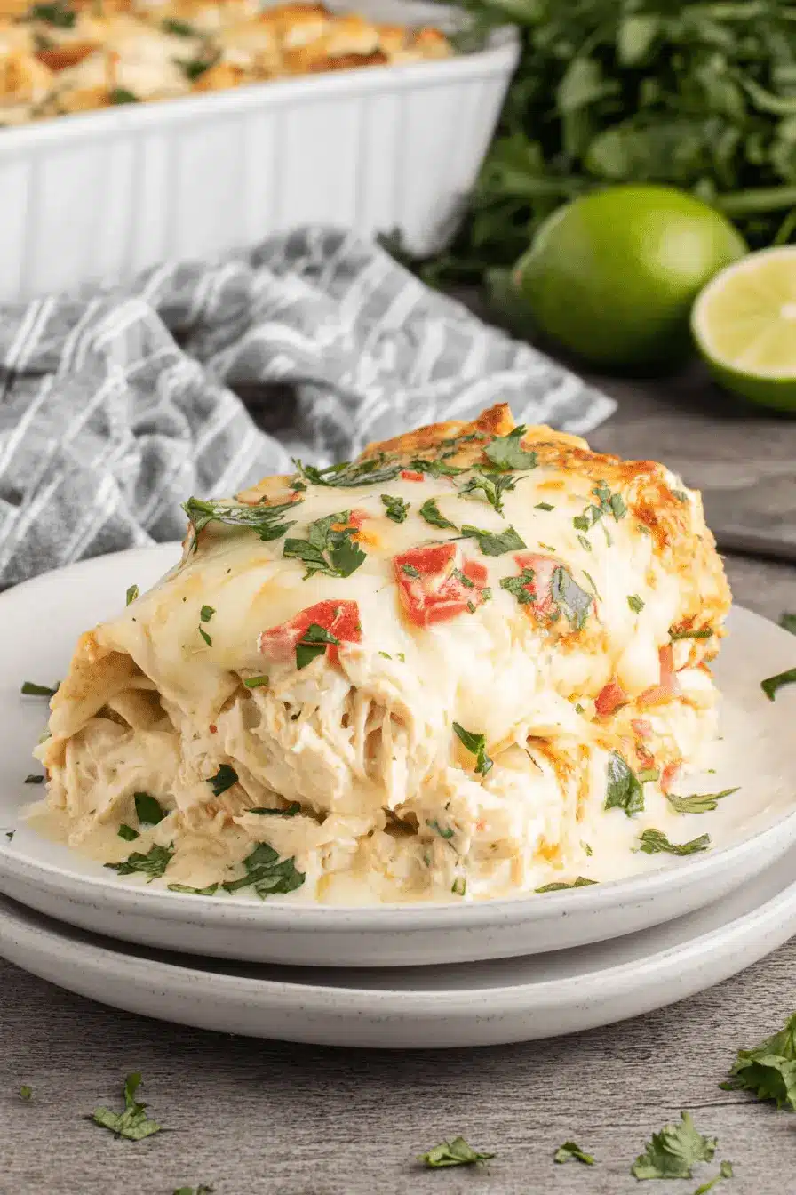 Easy White Queso Chicken Enchiladas Recipe 2 Freshly baked white queso chicken enchiladas serving on a speckled plate, garnished with cilantro and golden melted cheese.
