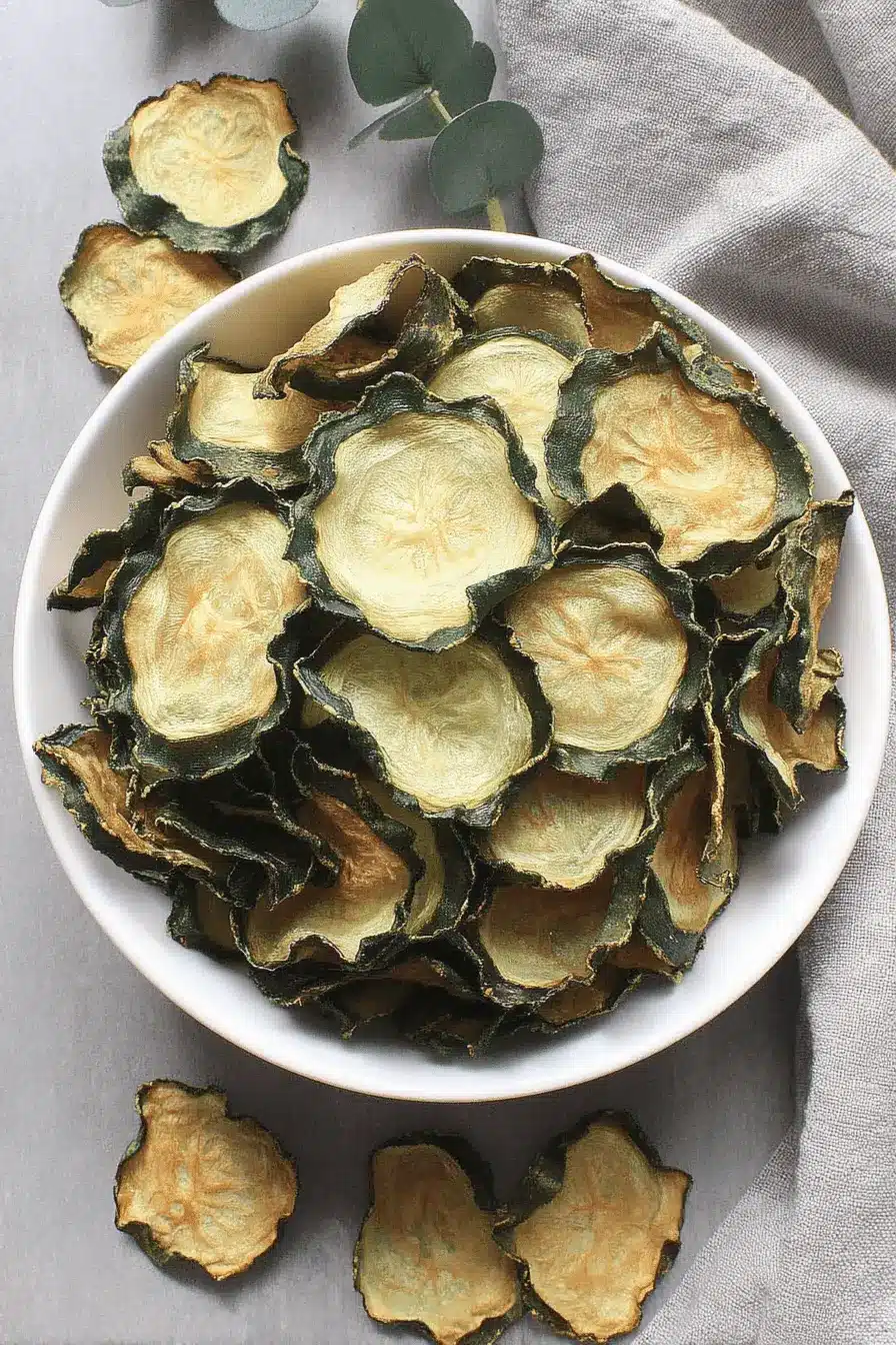 Amazing Crispy Cucumber Chips Recipe 2 Crispy, dehydrated Cucumber Chips in a white ceramic bowl on a grey textured background, highlighting the thin slices and natural green color.