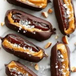 Ultimate No-Bake Date Snickers Bars 5 Homemade sea salt date snickers bars displayed on marble, showing dark chocolate, creamy caramel filling, and chopped almonds.