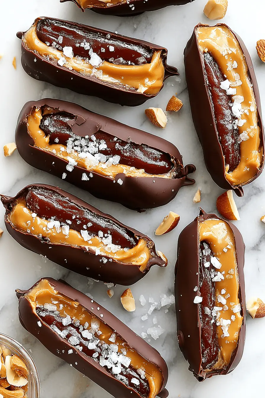 Ultimate No-Bake Date Snickers Bars 2 Homemade sea salt date snickers bars displayed on marble, showing dark chocolate, creamy caramel filling, and chopped almonds.