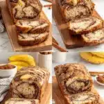 Ultimate Foolproof Cinnamon Swirl Banana Bread 9 A collage showing four close-up views of sliced and whole golden-brown cinnamon swirl banana bread on a wooden cutting board, garnished with bananas and cinnamon sticks.