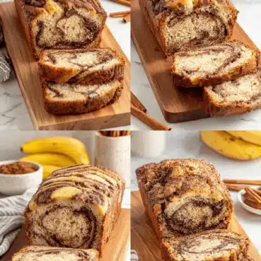 Ultimate Foolproof Cinnamon Swirl Banana Bread 3 A collage showing four close-up views of sliced and whole golden-brown cinnamon swirl banana bread on a wooden cutting board, garnished with bananas and cinnamon sticks.