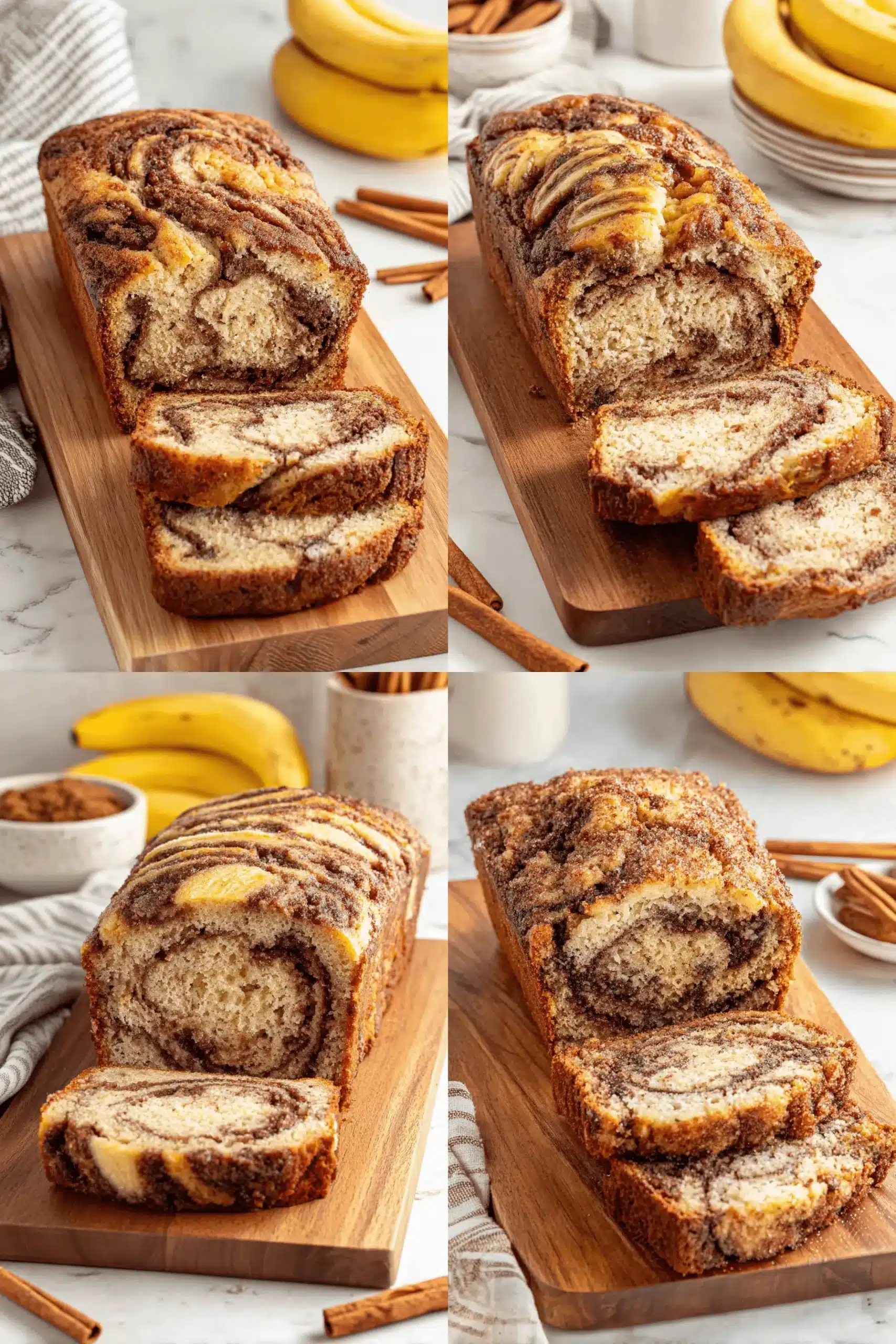 Ultimate Foolproof Cinnamon Swirl Banana Bread 2 A collage showing four close-up views of sliced and whole golden-brown cinnamon swirl banana bread on a wooden cutting board, garnished with bananas and cinnamon sticks.