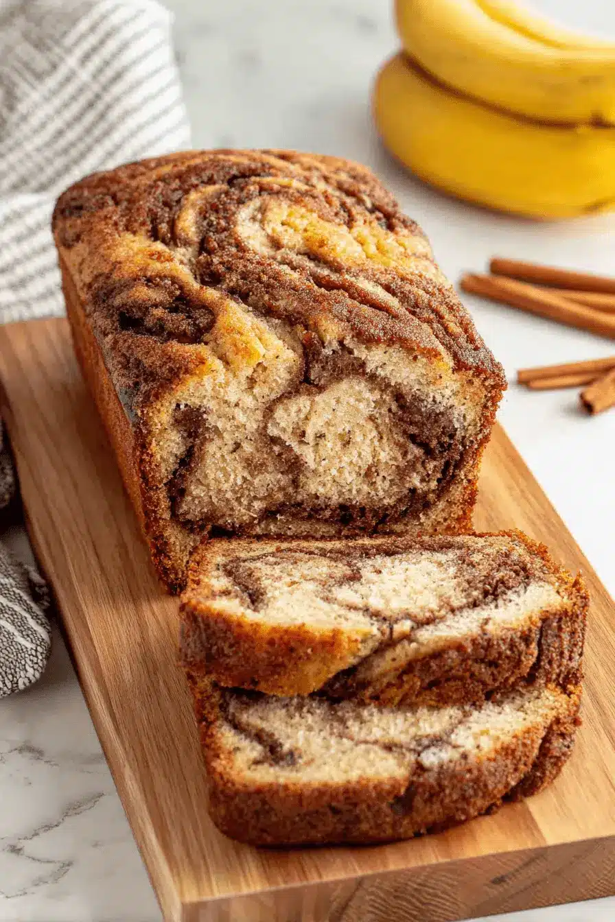 Ultimate Foolproof Cinnamon Swirl Banana Bread 2 Sliced loaf of moist cinnamon swirl banana bread on a wooden cutting board, revealing the inner swirl pattern.