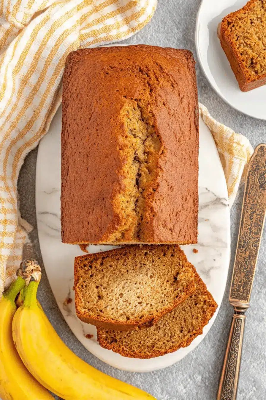Ultimate One Bowl Banana Bread Recipe 2 Top-down view of a moist, golden-brown loaf of one bowl banana bread on a marble board with two cut slices and ripe bananas.