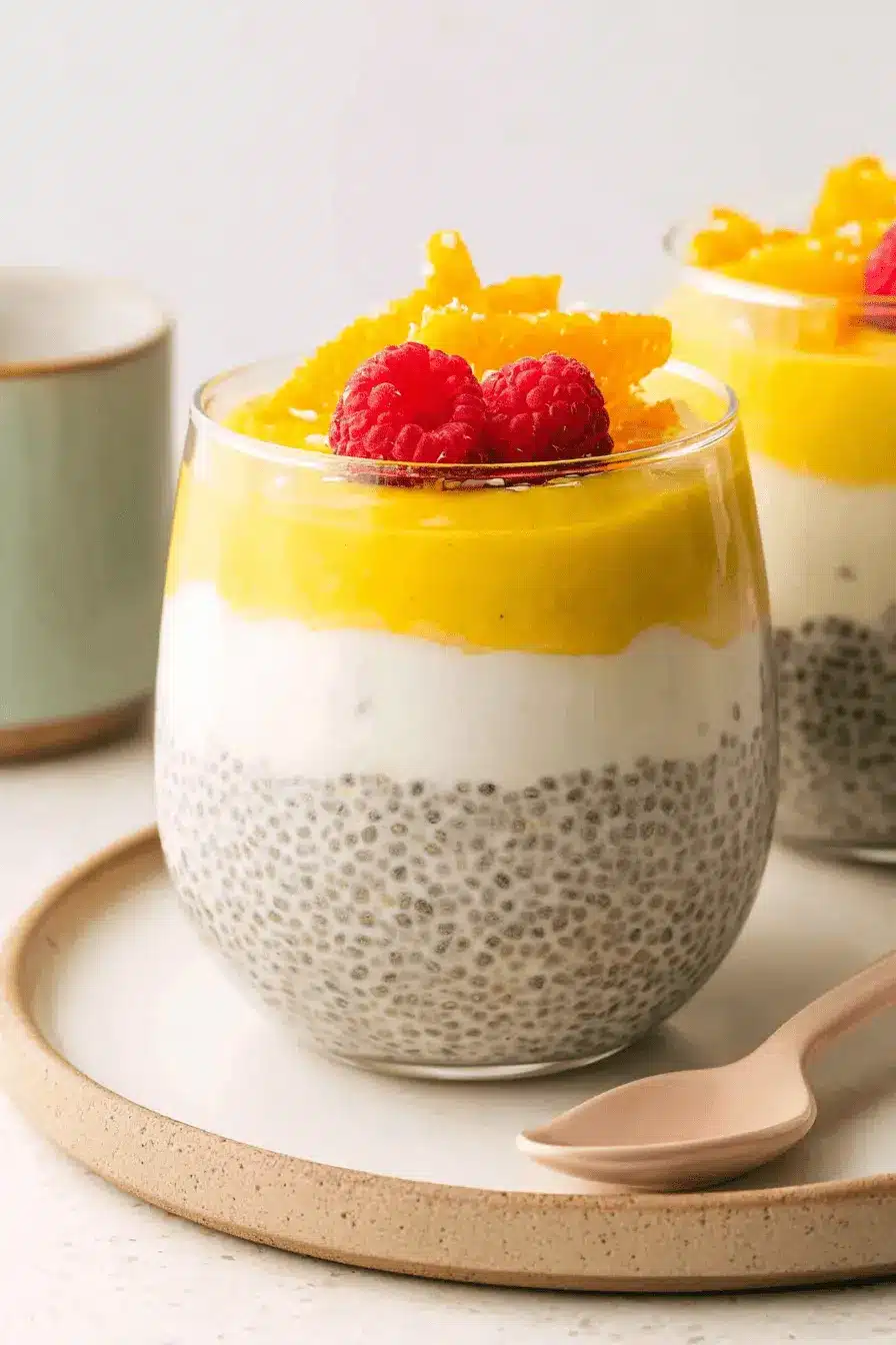 Vibrant Lemon Curd Chia Pudding: A Quick Recipe 2 Layered lemon curd chia pudding dessert in a clear glass, garnished with fresh raspberries and candied orange peel.