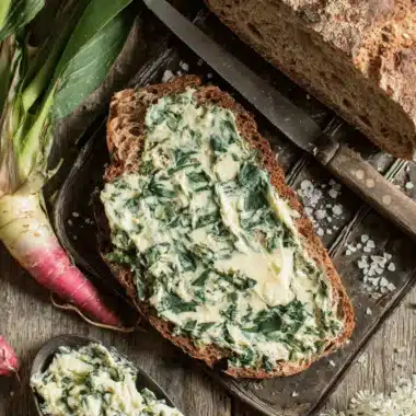 Wonderful Wild Ramp Butter: Quick & Easy Recipe 3 Rustic bread slice with homemade Wild Ramp Butter, fresh greens, and sea salt on a wooden surface.