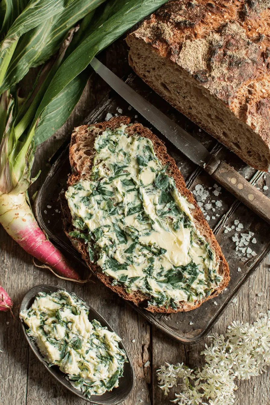 Wonderful Wild Ramp Butter: Quick & Easy Recipe 2 Rustic bread slice with homemade Wild Ramp Butter, fresh greens, and sea salt on a wooden surface.
