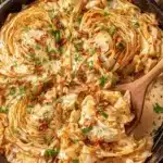 Fantastic Marry Me Cabbage: One-Pan Comfort 5 Close-up of braised "marry me cabbage" wedges in a cast-iron skillet with a creamy sauce, sun-dried tomatoes, and fresh herbs, ready to be served with a wooden spoon.