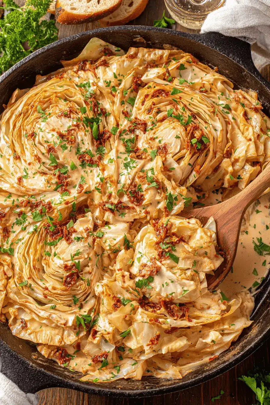Fantastic Marry Me Cabbage: One-Pan Comfort 2 Close-up of braised "marry me cabbage" wedges in a cast-iron skillet with a creamy sauce, sun-dried tomatoes, and fresh herbs, ready to be served with a wooden spoon.