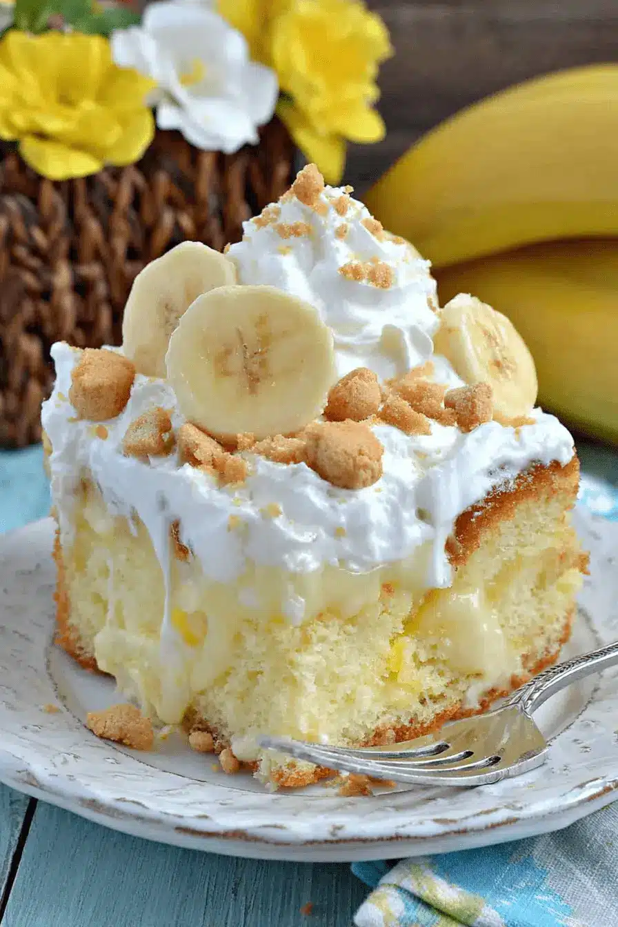 Easy Banana Pudding Poke Cake Recipe 2 A decadent slice of homemade Banana Pudding Poke Cake with whipped cream, fresh banana slices, and crumbled cookies on a rustic plate.