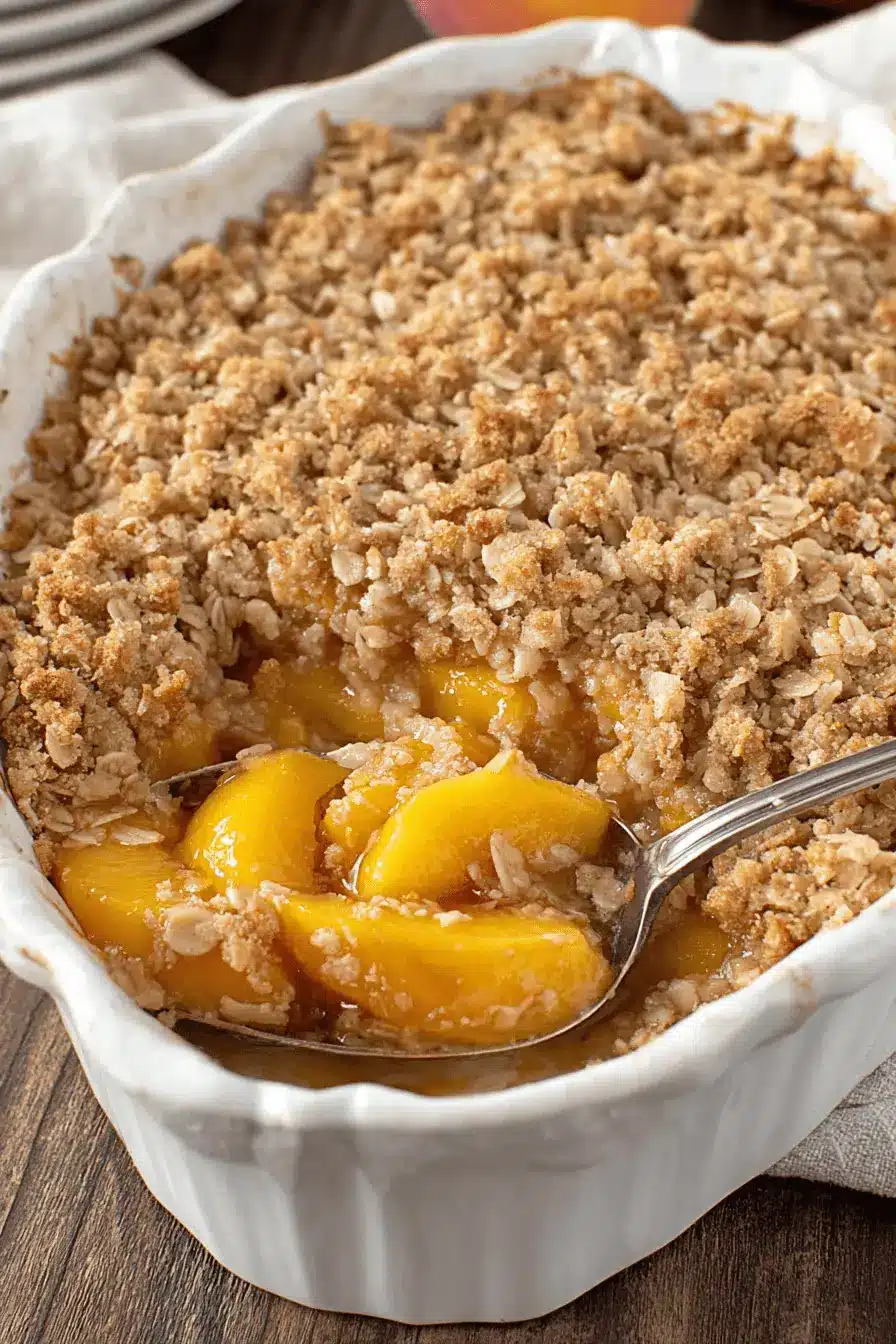 Simple Peach Crisp with Fresh Peaches: Fantastic Flavor 2 A close-up of a golden-brown peach crisp with fresh peaches, served in a white ceramic dish with a spoon.