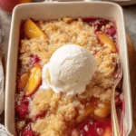 Amazing Peach and Raspberry Cobbler Recipe 8 A close-up, top-down view of a warm, golden brown peach and raspberry cobbler served in a ceramic dish with melting vanilla ice cream.