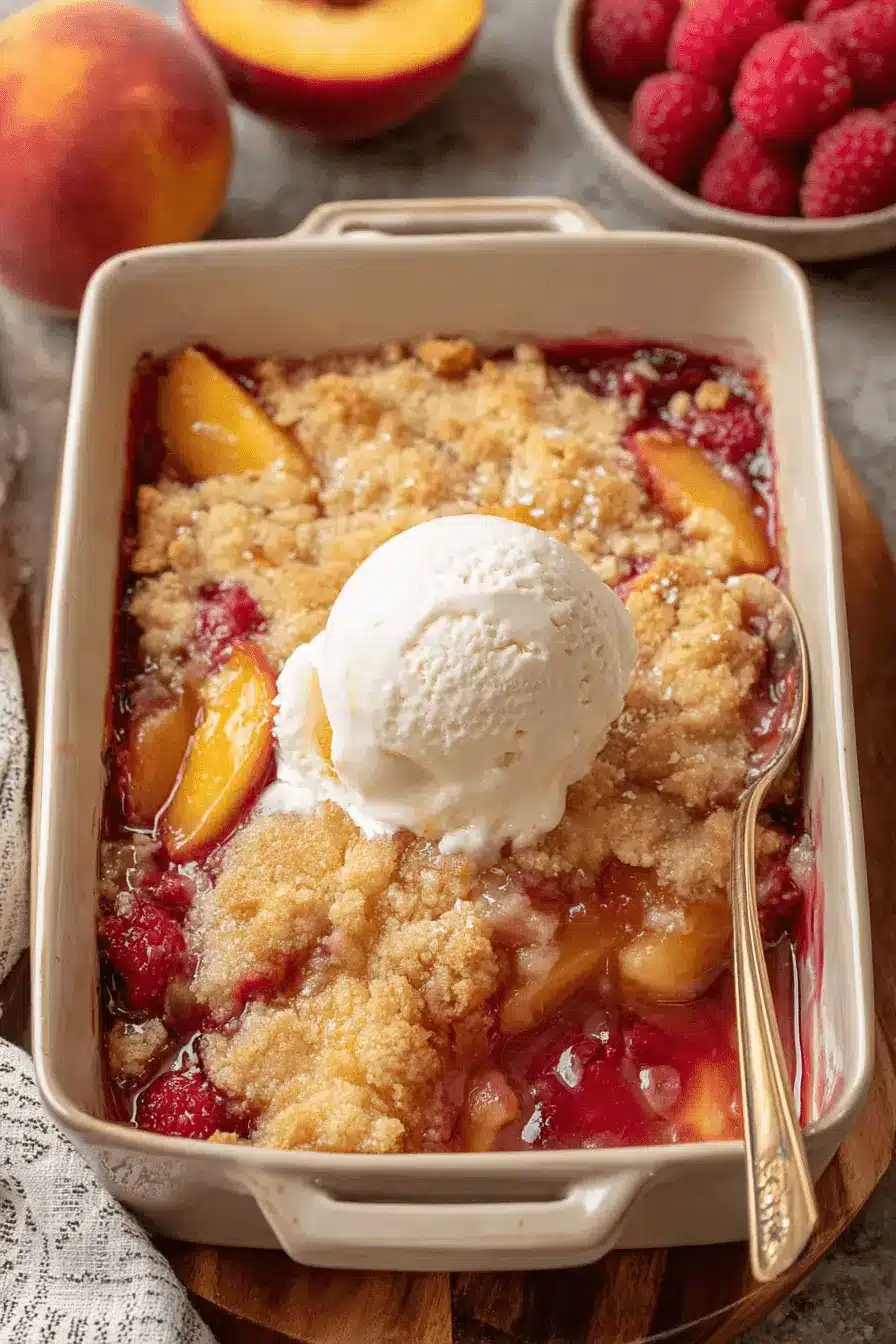 Amazing Peach and Raspberry Cobbler Recipe 2 A close-up, top-down view of a warm, golden brown peach and raspberry cobbler served in a ceramic dish with melting vanilla ice cream.