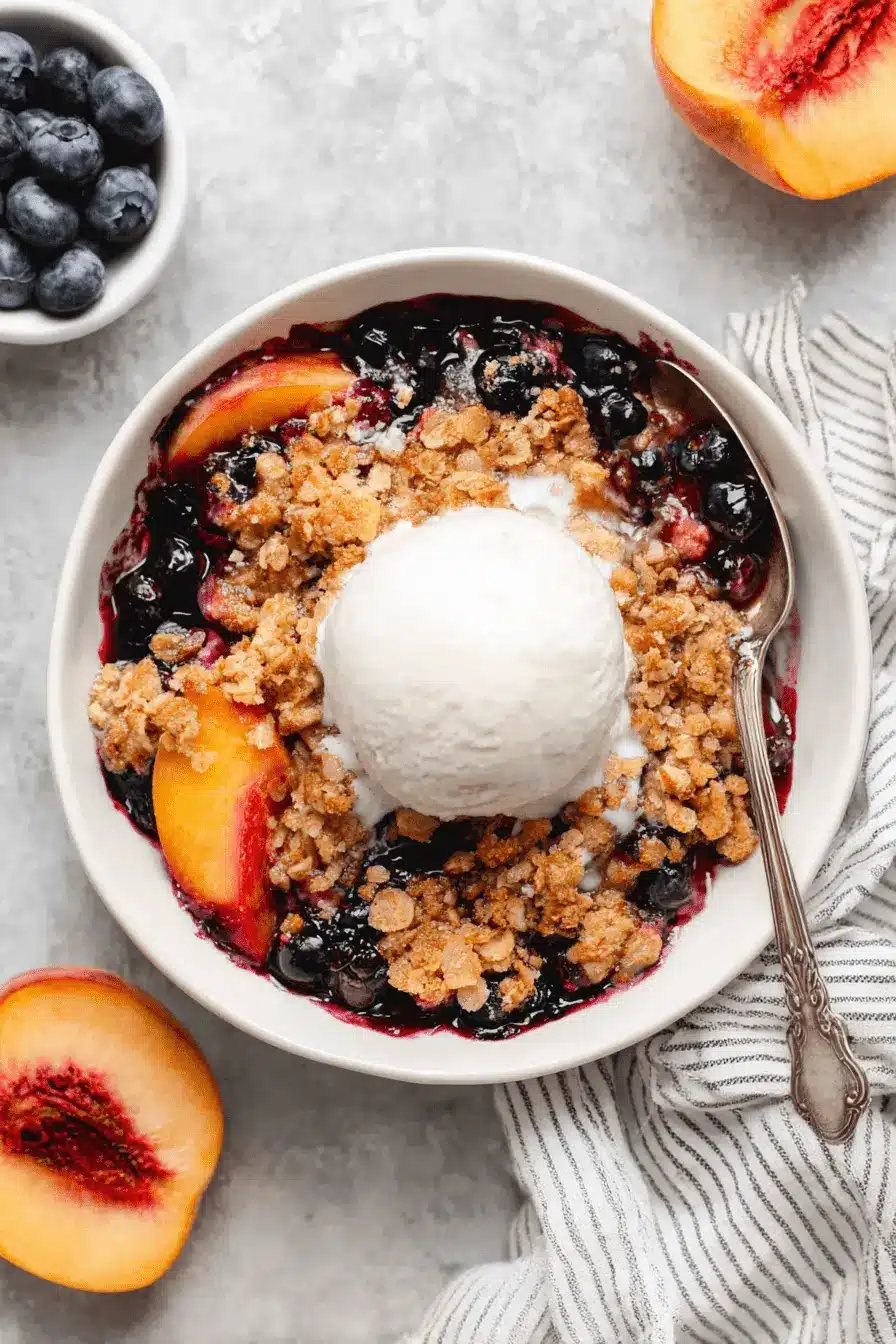 Ultimate Foolproof Blueberry Peach Crumble 2 Delicious Blueberry Peach Crumble with melting vanilla ice cream in a white bowl, surrounded by fresh fruit.